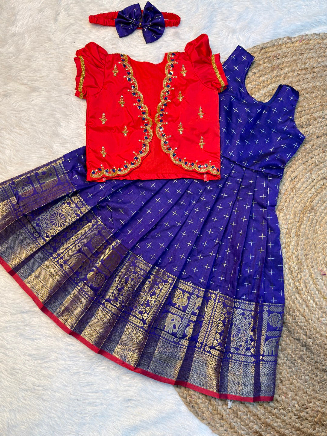 Blue & Red Semi Kanchi Silk Overcoat Aari Set | CPM_0540