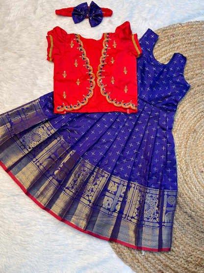 Blue & Red Semi Kanchi Silk Overcoat Aari Set | CPM_0540