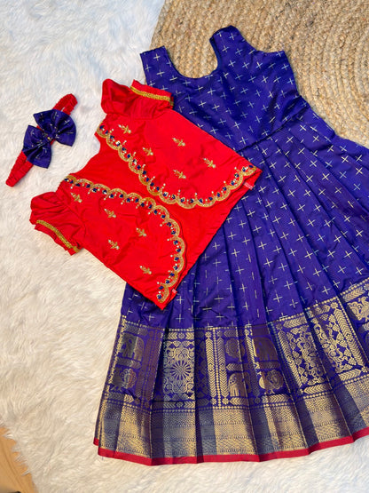 Blue & Red Semi Kanchi Silk Overcoat Aari Set | CPM_0540