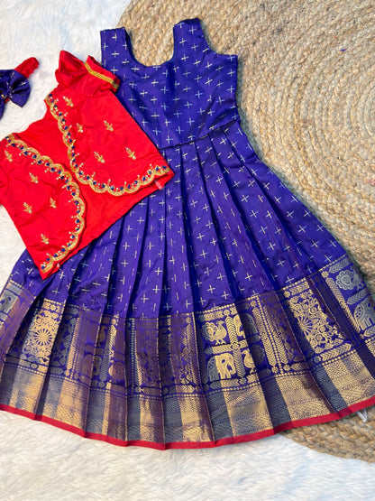 Blue & Red Semi Kanchi Silk Overcoat Aari Set | CPM_0540