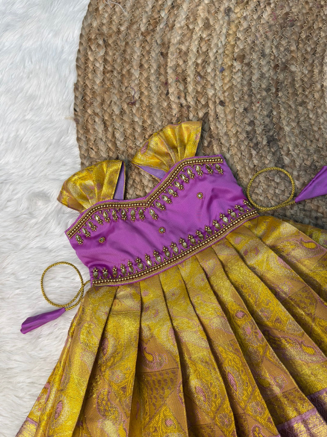 Yellow & Lilac Semi Kanchi Tissue Silk Aari Sleeveless Gown | CPM_0542