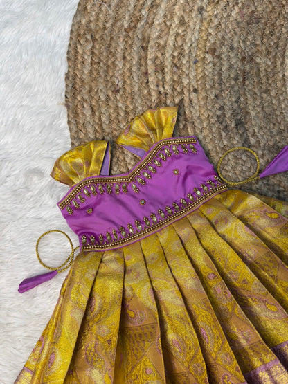 Yellow & Lilac Semi Kanchi Tissue Silk Aari Sleeveless Gown | CPM_0542
