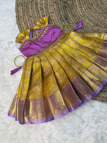 Yellow & Lilac Semi Kanchi Tissue Silk Aari Sleeveless Gown | CPM_0542