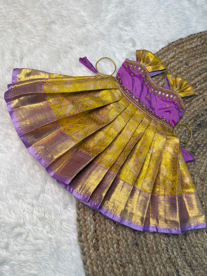 Yellow & Lilac Semi Kanchi Tissue Silk Aari Sleeveless Gown | CPM_0542