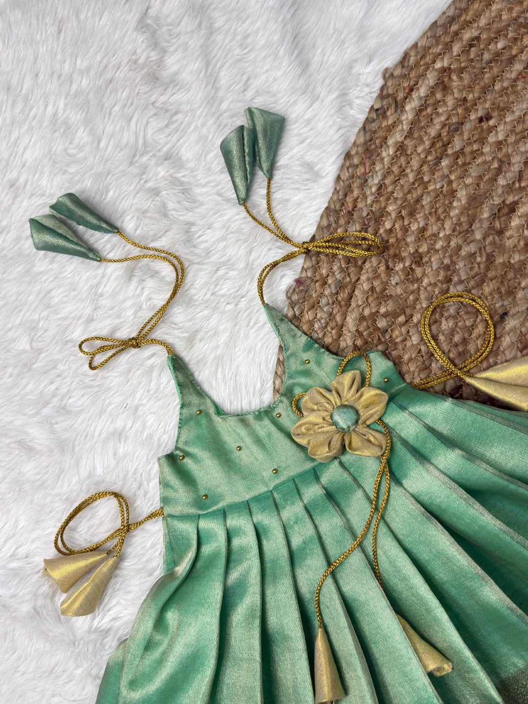 Stylish Sea Green Metallic Tissue Silk Tie-Up Frock | CPM_0545 | Ready to Dispatch