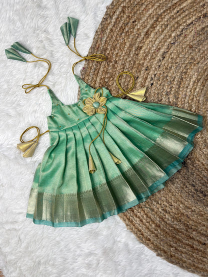 Stylish Sea Green Metallic Tissue Silk Tie-Up Frock | CPM_0545 | Ready to Dispatch