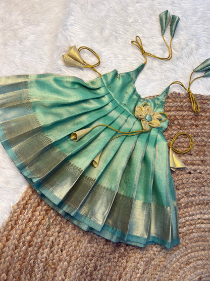 Stylish Sea Green Metallic Tissue Silk Tie-Up Frock | CPM_0545 | Ready to Dispatch