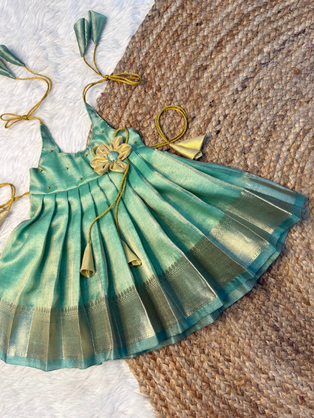 Stylish Sea Green Metallic Tissue Silk Tie-Up Frock | CPM_0545 | Ready to Dispatch