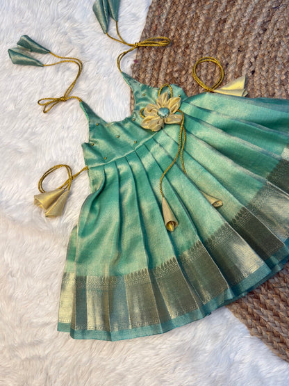 Stylish Sea Green Metallic Tissue Silk Tie-Up Frock | CPM_0545 | Ready to Dispatch