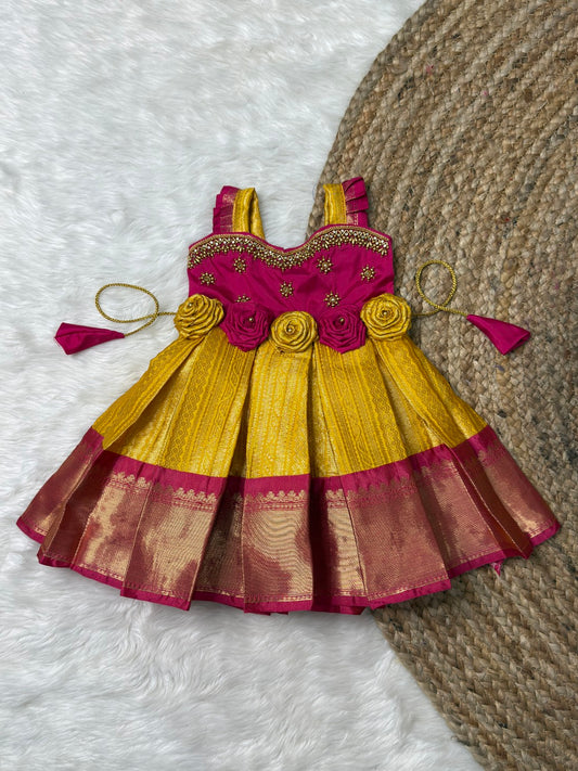Alli - Yellow and Pink Kanchi Soft Silk Aari Sleeveless Gown | CPM_0548