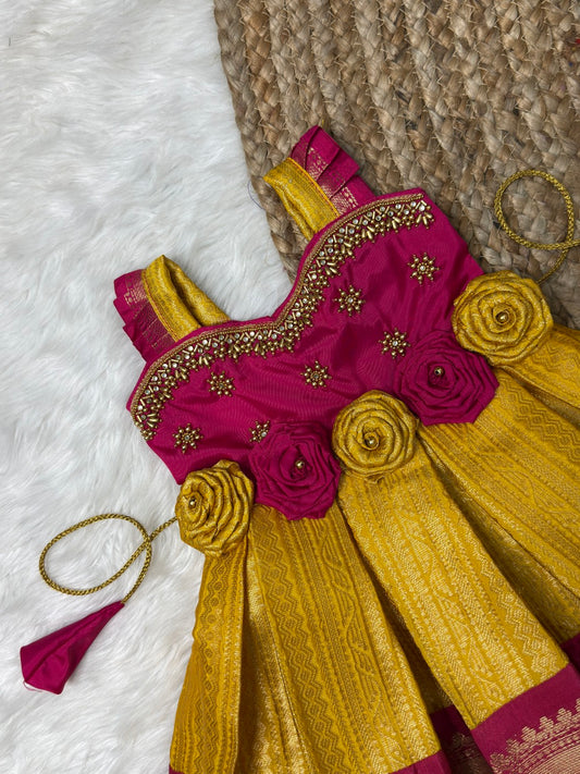 Alli - Yellow and Pink Kanchi Soft Silk Aari Sleeveless Gown | CPM_0548