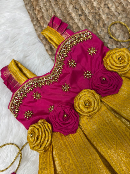 Alli - Yellow and Pink Kanchi Soft Silk Aari Sleeveless Gown | CPM_0548