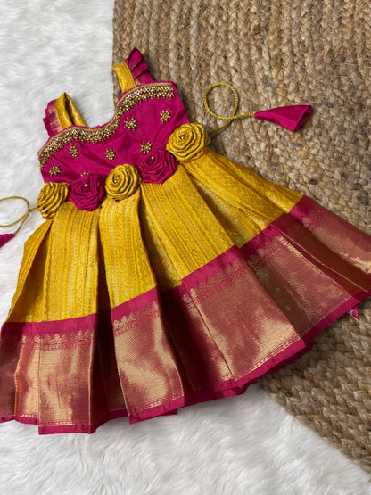 Alli - Yellow and Pink Kanchi Soft Silk Aari Sleeveless Gown | CPM_0548