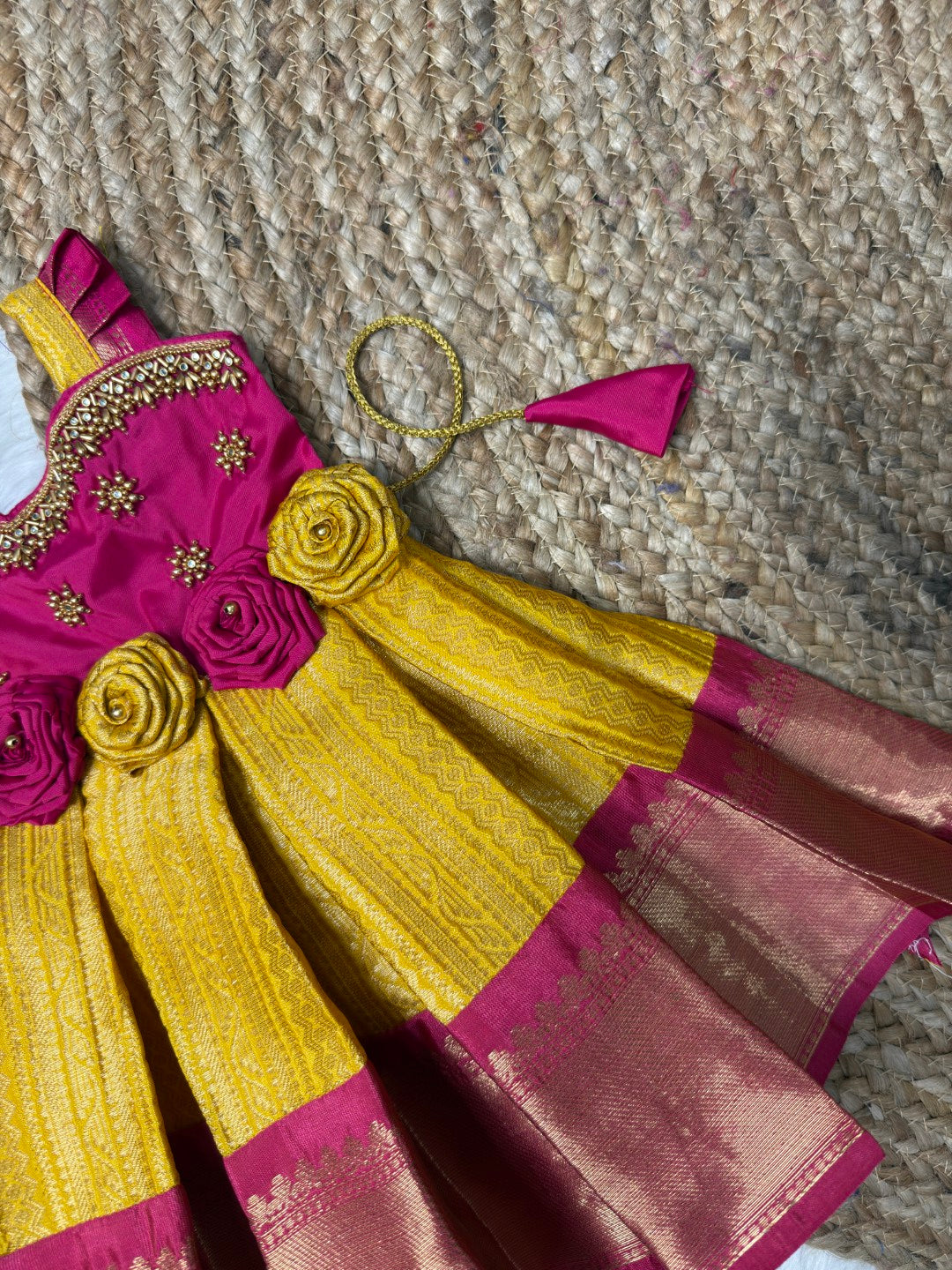 Alli - Yellow and Pink Kanchi Soft Silk Aari Sleeveless Gown | CPM_0548