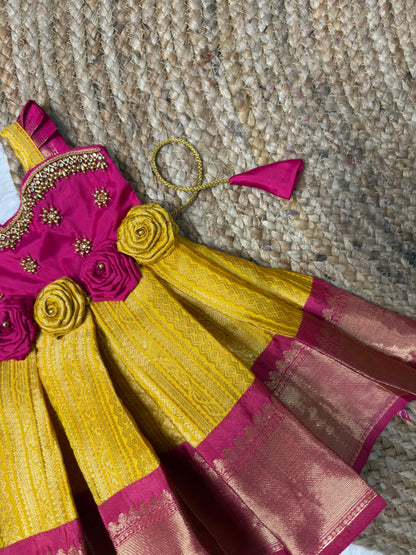 Alli - Yellow and Pink Kanchi Soft Silk Aari Sleeveless Gown | CPM_0548