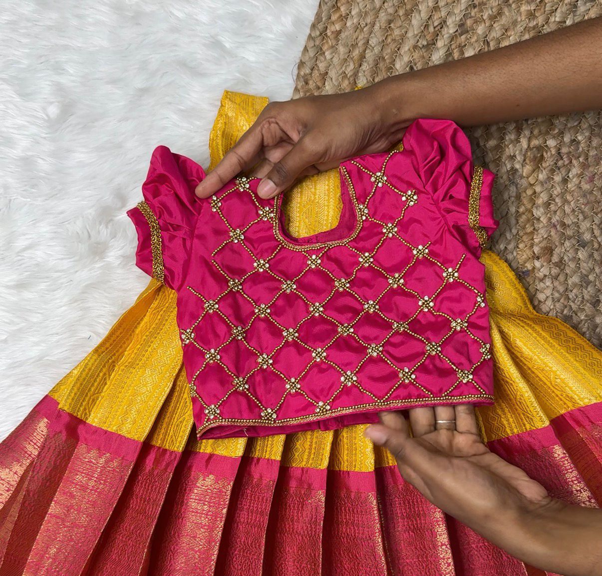 Yellow & Pink Semi Kanchi Silk Criss Cross Aari Pattu Pavadai | CPM_0549