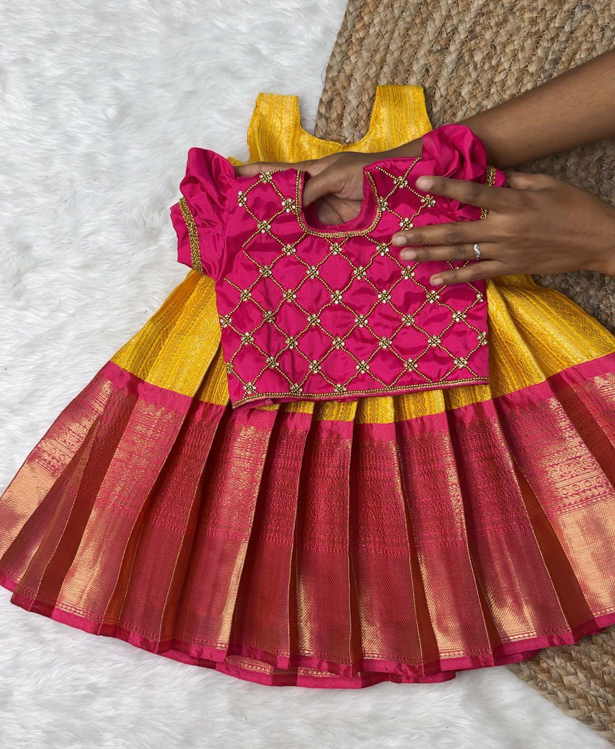 Yellow & Pink Semi Kanchi Silk Criss Cross Aari Pattu Pavadai | CPM_0549
