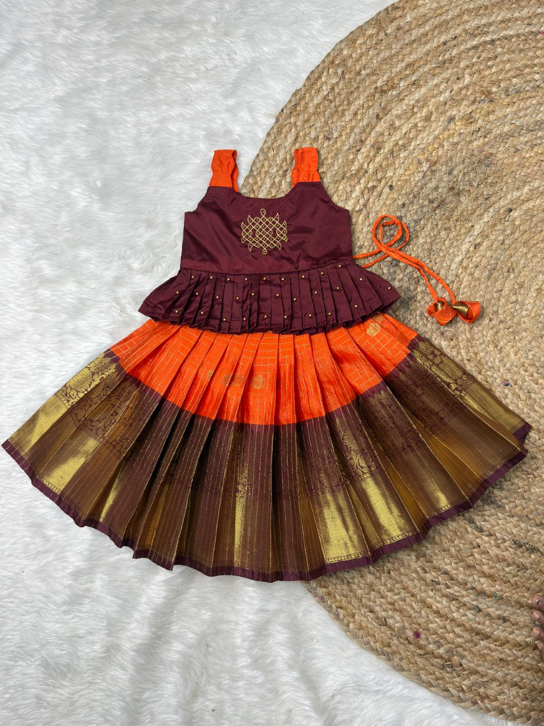 Mullai - Orange & Brown Kolam Design Aari Work Pattu Pavadai | CPM_0550