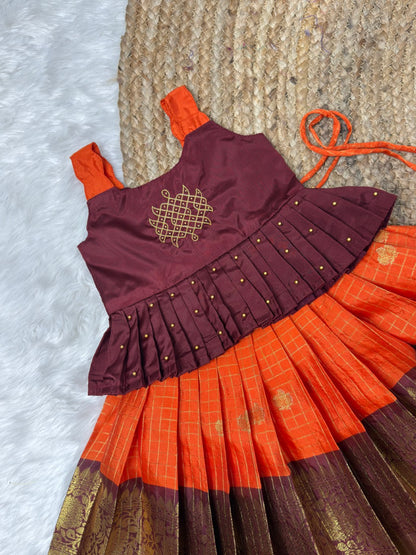 Mullai - Orange & Brown Kolam Design Aari Work Pattu Pavadai | CPM_0550