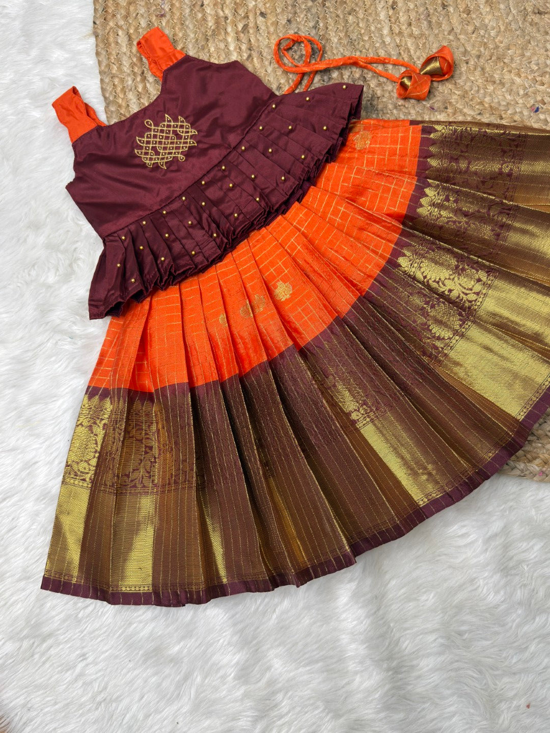 Mullai - Orange & Brown Kolam Design Aari Work Pattu Pavadai | CPM_0550