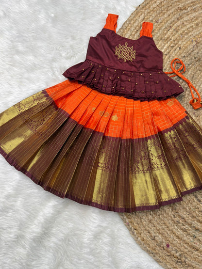 Mullai - Orange & Brown Kolam Design Aari Work Pattu Pavadai | CPM_0550