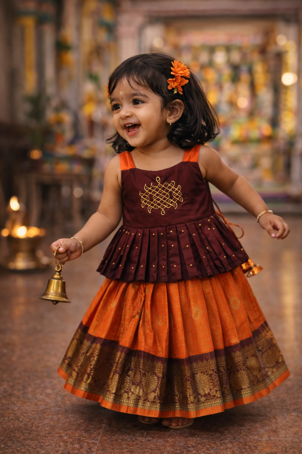 Mullai - Orange & Brown Kolam Design Aari Work Pattu Pavadai | CPM_0550