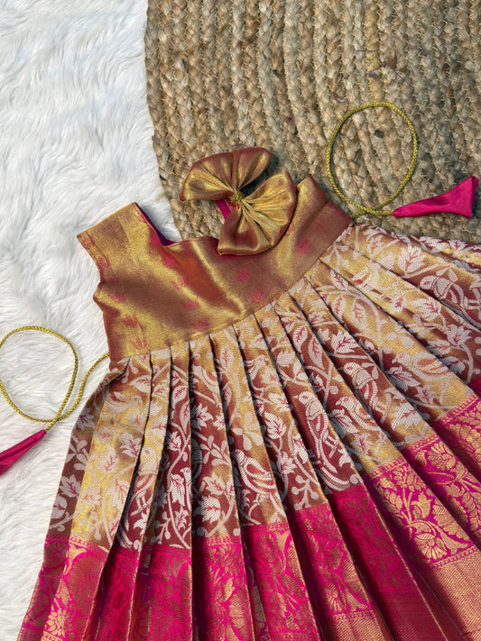 Pink One-Shoulder Kanchi Tissue Silk Pattu Gown | CPM_0551