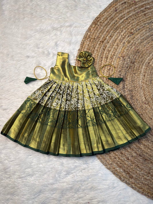 Green One-Shoulder Kanchi Tissue Silk Pattu Gown | CPM_0554