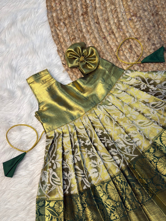 Green One-Shoulder Kanchi Tissue Silk Pattu Gown | CPM_0554