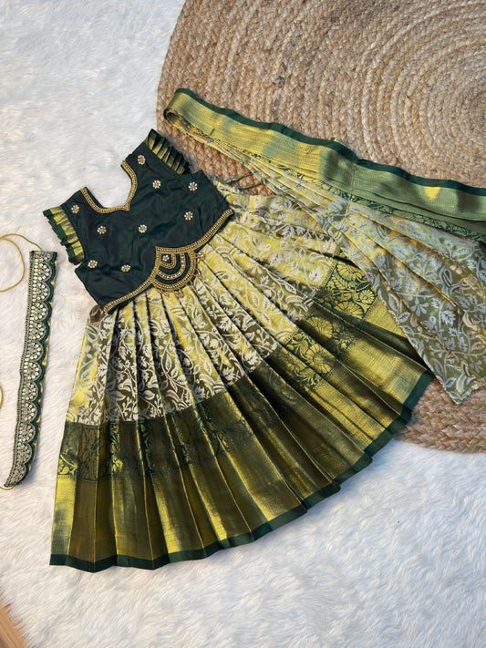 Yazhi – Golden Green Pure Kacnhi Tissue Silk Aari Half Saree | CPM_0557