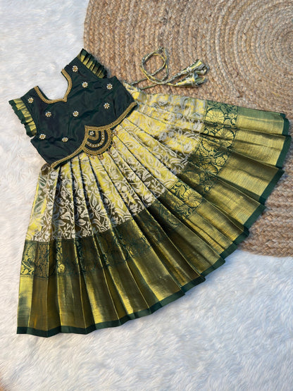 Yazhi – Golden Green Pure Kacnhi Tissue Silk Aari Half Saree | CPM_0557