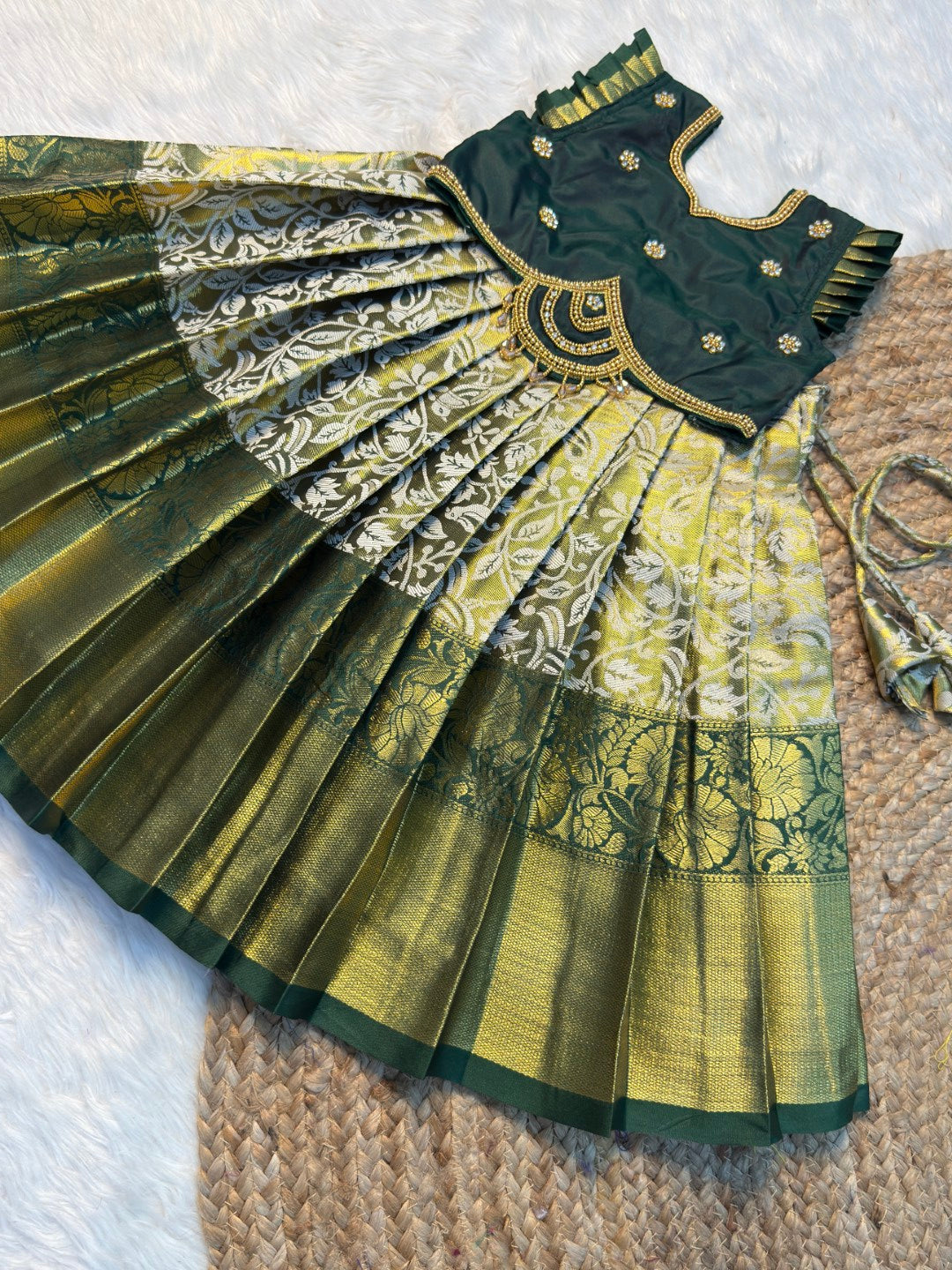 Yazhi – Golden Green Pure Kacnhi Tissue Silk Aari Half Saree | CPM_0557