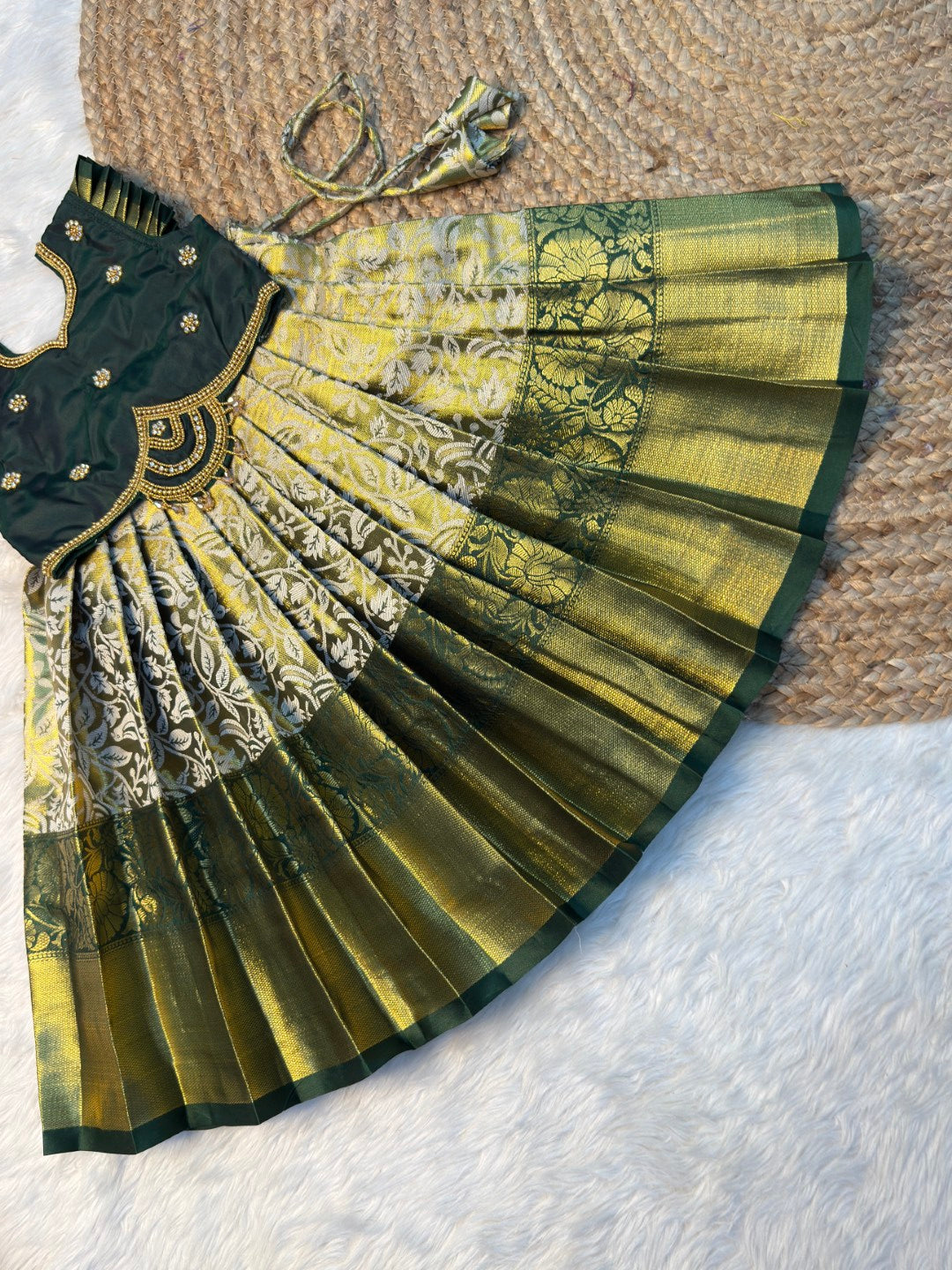 Yazhi – Golden Green Pure Kacnhi Tissue Silk Aari Half Saree | CPM_0557