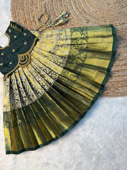 Yazhi – Golden Green Pure Kacnhi Tissue Silk Aari Half Saree | CPM_0557