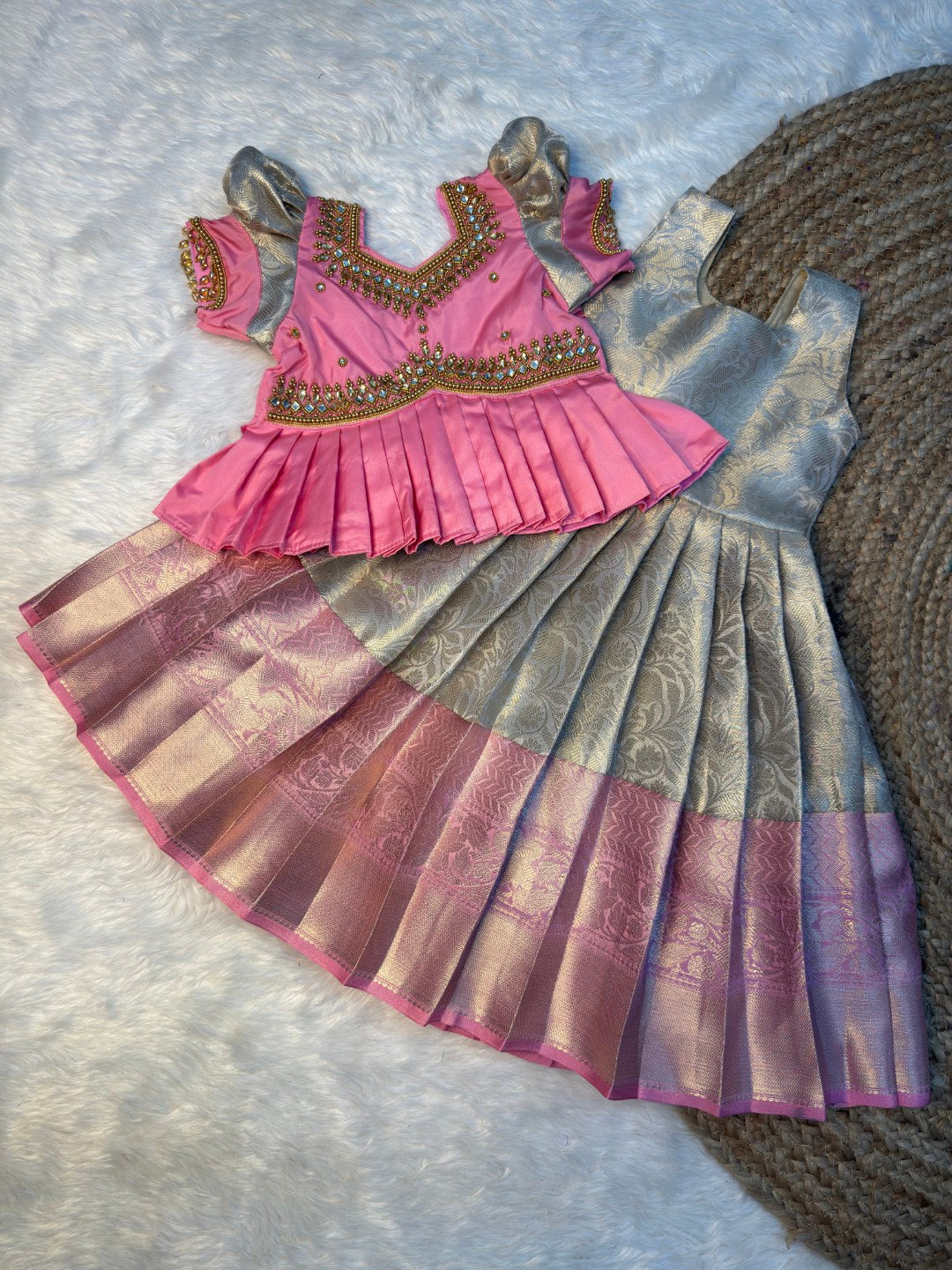 Pastel Gold & Pink Peplum Aari Work Pattu Pavadai | CPM_0558