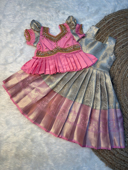 Pastel Gold & Pink Peplum Aari Work Pattu Pavadai | CPM_0558