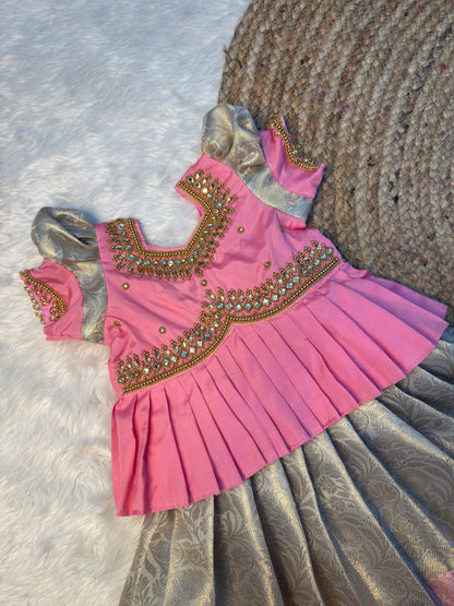 Pastel Gold & Pink Peplum Aari Work Pattu Pavadai | CPM_0558