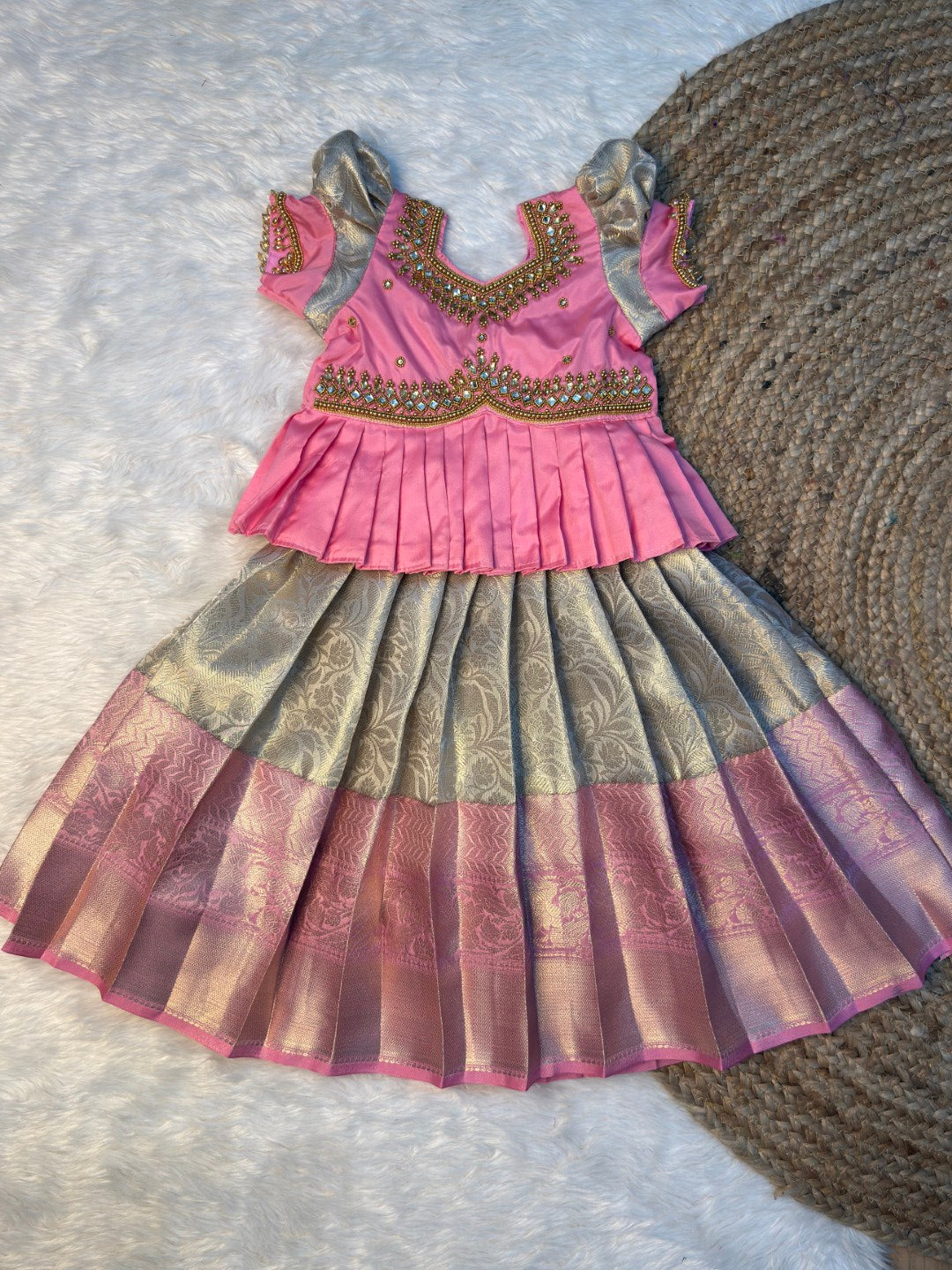 Pastel Gold & Pink Peplum Aari Work Pattu Pavadai | CPM_0558
