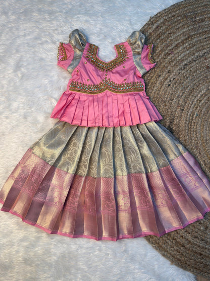 Pastel Gold & Pink Peplum Aari Work Pattu Pavadai | CPM_0558