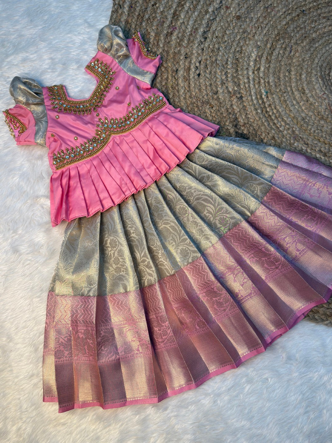 Pastel Gold & Pink Peplum Aari Work Pattu Pavadai | CPM_0558