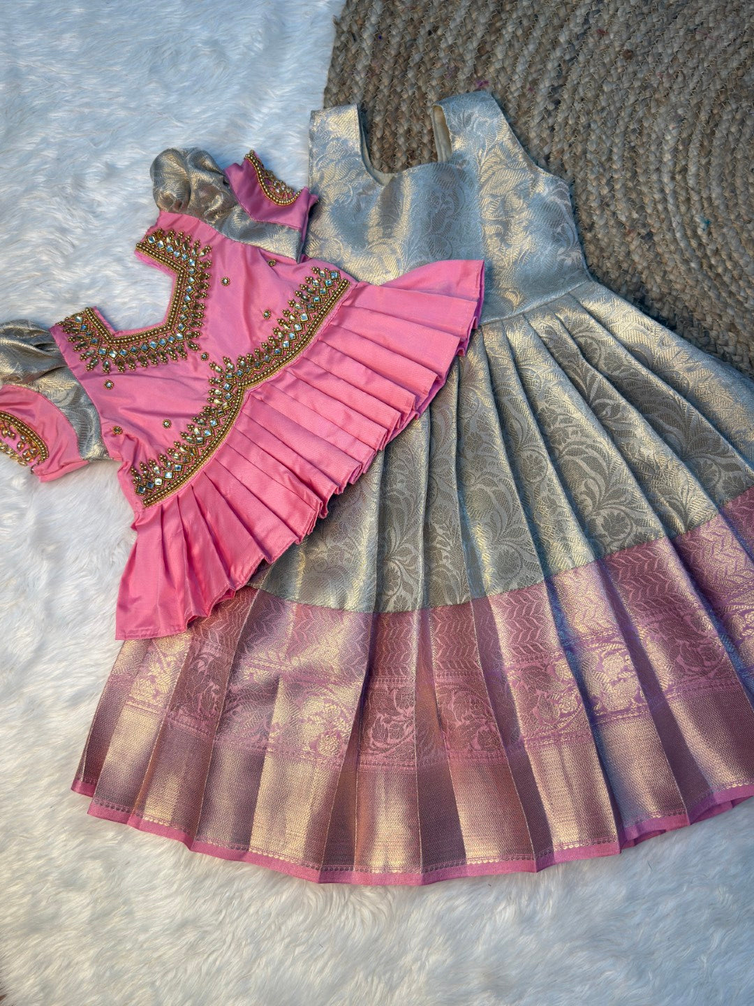 Pastel Gold & Pink Peplum Aari Work Pattu Pavadai | CPM_0558