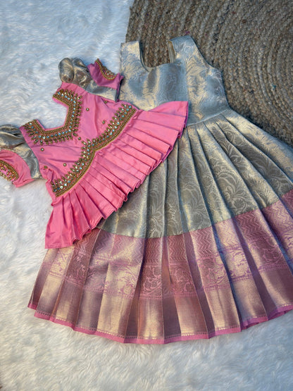 Pastel Gold & Pink Peplum Aari Work Pattu Pavadai | CPM_0558