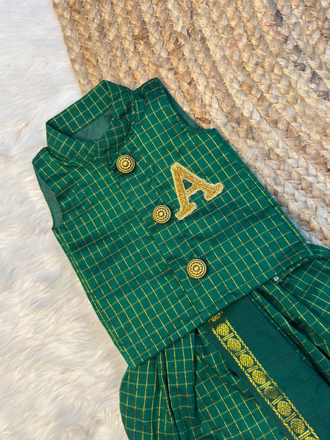 Kalyani Cotton Green Kurtha – Dhoti Set with Aari alphabet | CPM_0560B