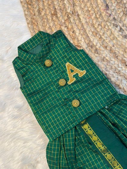 Kalyani Cotton Green Kurtha – Dhoti Set with Aari alphabet | CPM_0560B