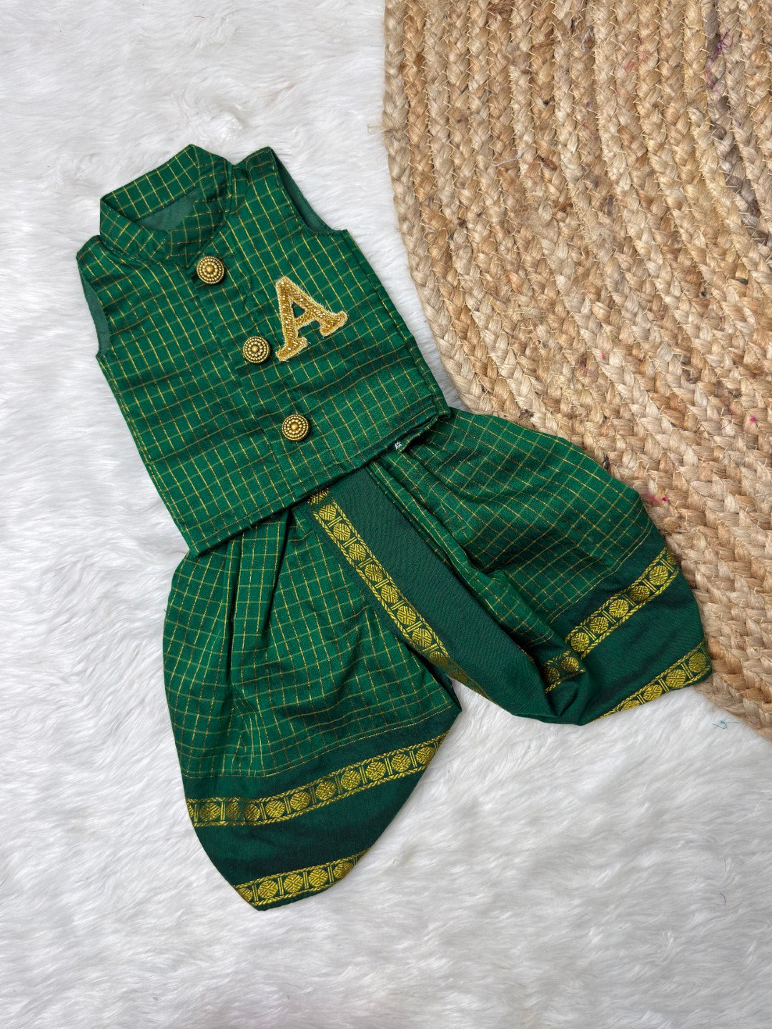 Kalyani Cotton Green Kurtha – Dhoti Set with Aari alphabet | CPM_0560B