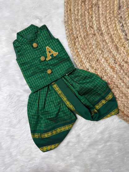 Kalyani Cotton Green Kurtha – Dhoti Set with Aari alphabet | CPM_0560B