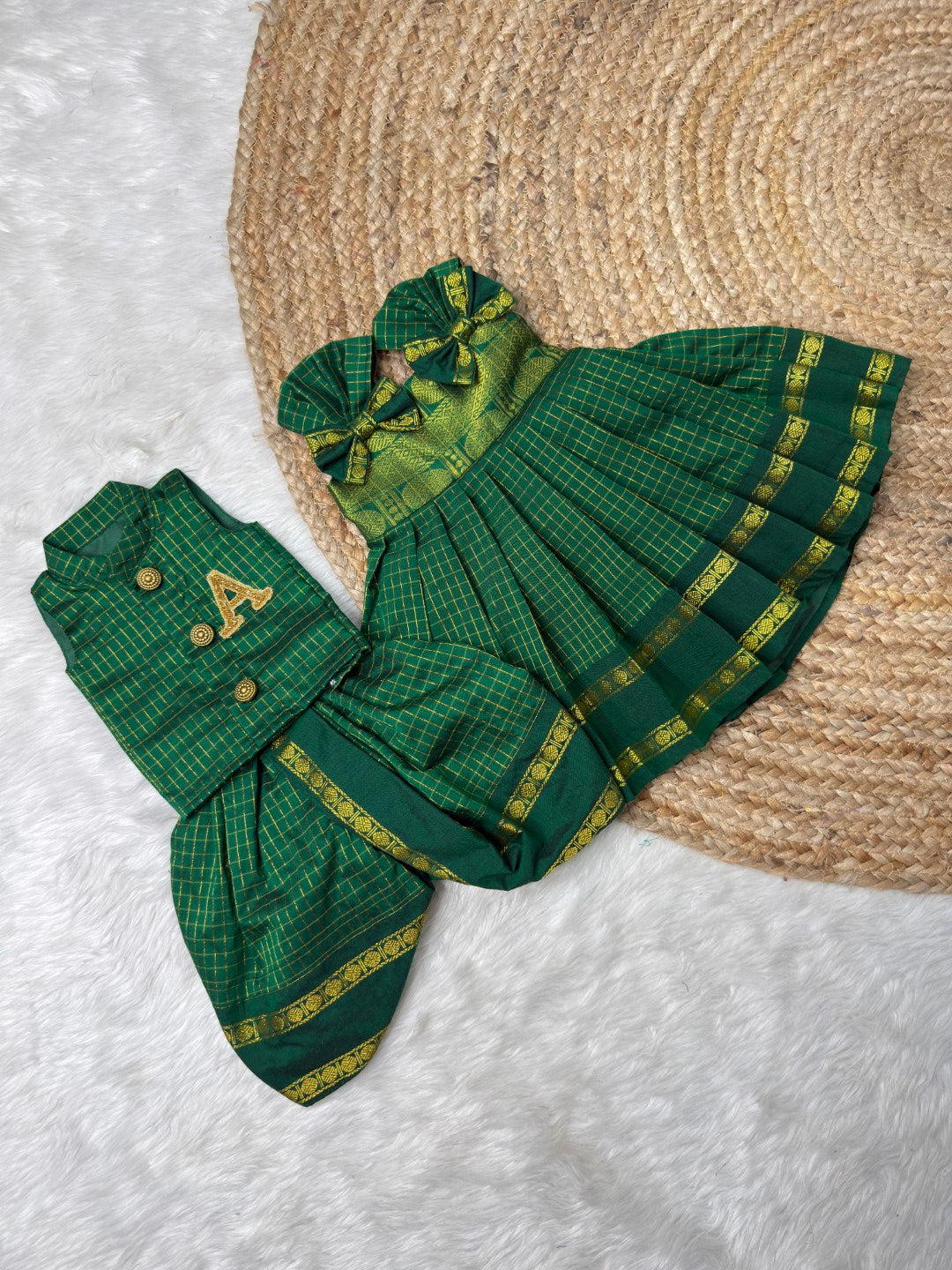 Kalyani Cotton Green Kurtha – Dhoti Set with Aari alphabet | CPM_0560B