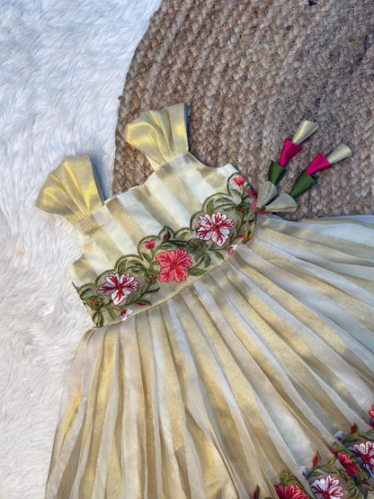 Pavai - Golden Stripes Floral Border Banarasi Soft Tissue Sleeveless Gown | CPM_0563