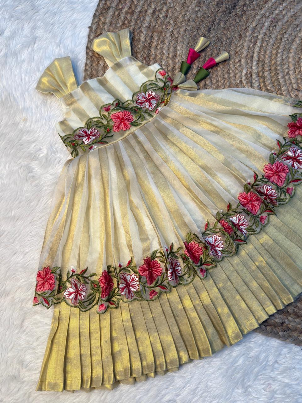 Pavai - Golden Stripes Floral Border Banarasi Soft Tissue Sleeveless Gown | CPM_0563
