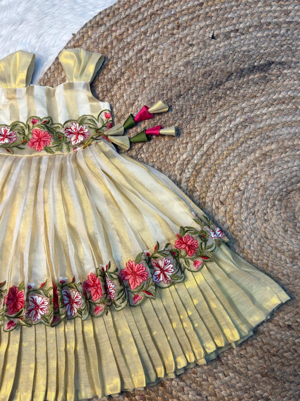 Pavai - Golden Stripes Floral Border Banarasi Soft Tissue Sleeveless Gown | CPM_0563